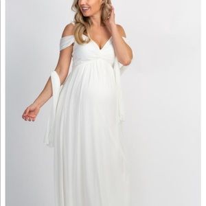 White Chiffon Cold Shoulder Maternity Gown